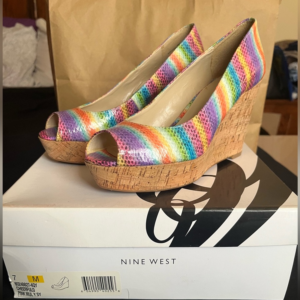 Nine West Rainbow Peep Toe Wedge Shoes